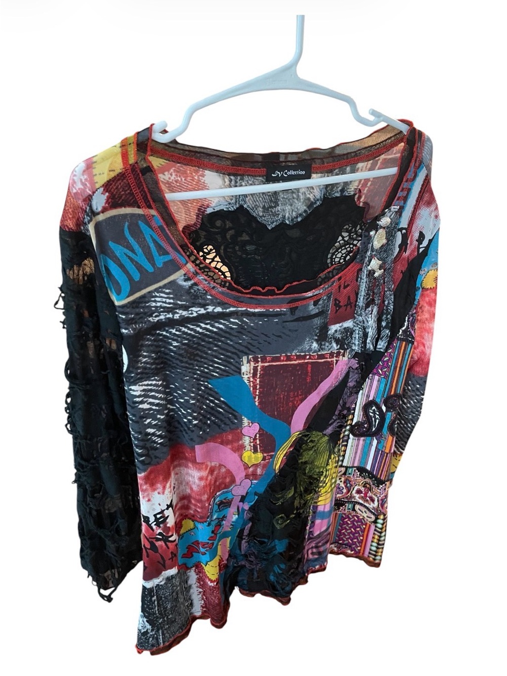 NY Collection Multicolor Graphic Long Sleeve Scoop Neck Top with Black Lace